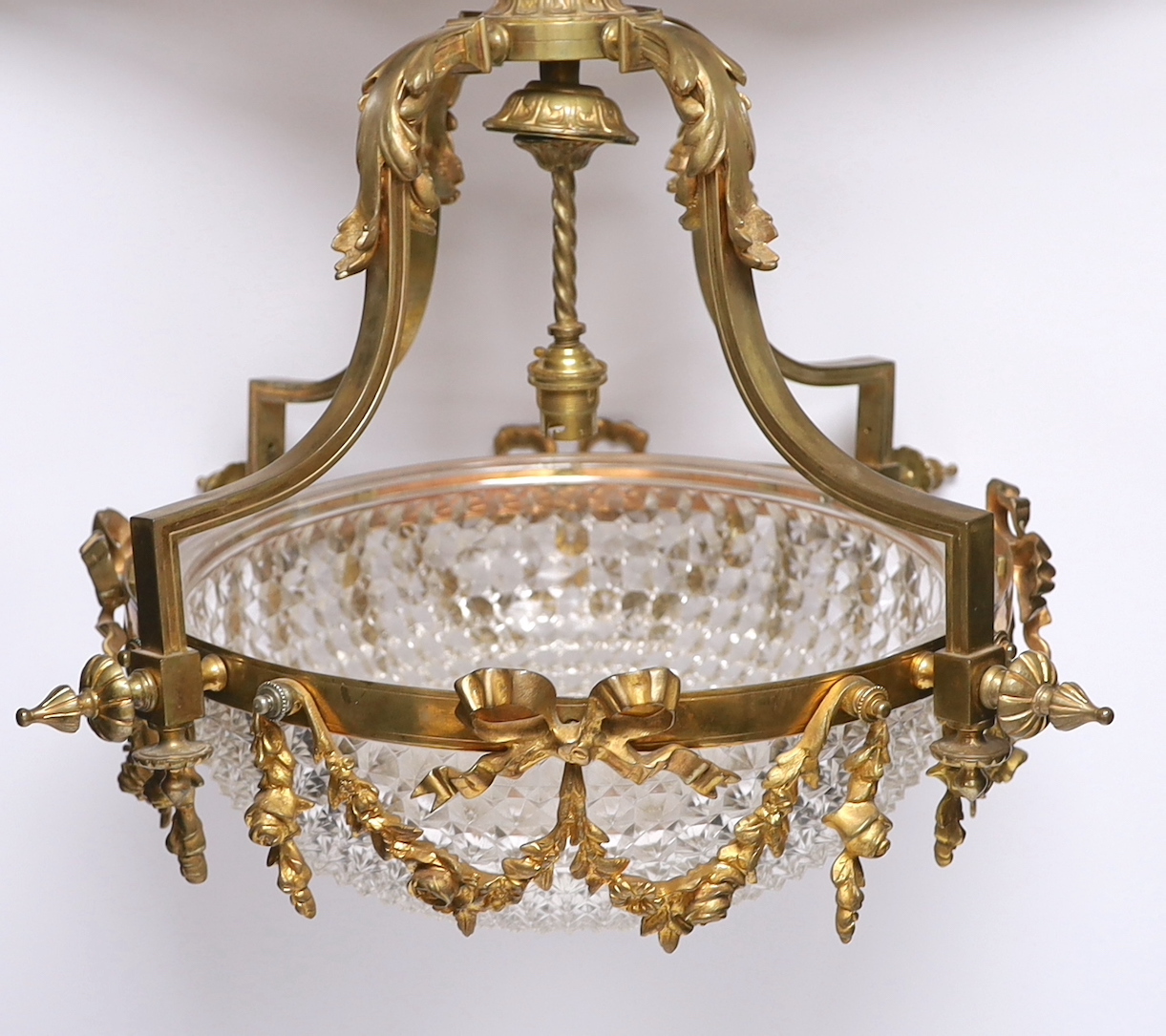 An early 20th century ormolu and hobnail cut glass ceiling shade, 43cm drop